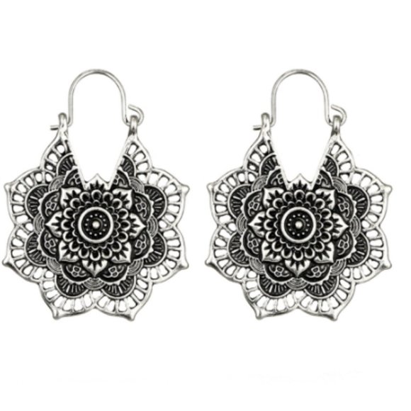 Silver Boho Lotus Gypsy Dangle Earrings - Picture 2 of 2